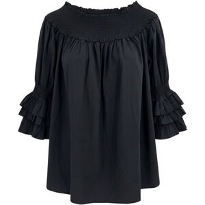 Gracia Black Smocked Off Shoulder Ruffle Poplin Bell Sleeve Mini Dress Small